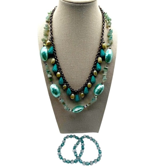 Layered Seafoam Silver Necklace with Matching Bracelets Boho Turquoise Pearl N84 - Picture 2 of 6